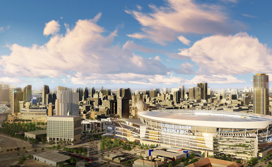 The proposed downtown Chargers stadium is shown in this undated rendering.