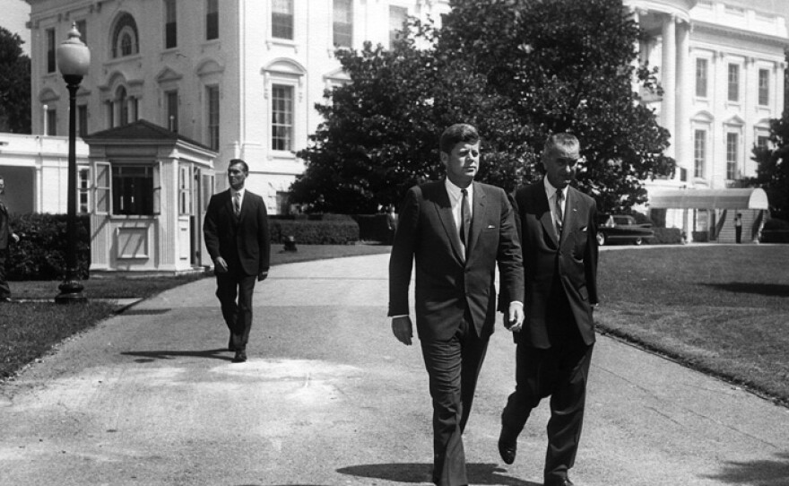 President Kennedy and Vice President Johnson prior to the introduction ceremony for the Workmens' Compensation Commemorative Stam, August 31, 1961.