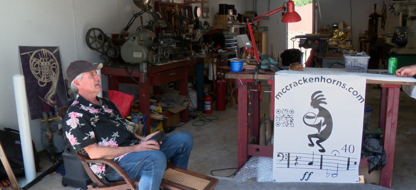 Doug Hall is shown sitting at his business, McCracken Horns in El Cajon on April 21, 2026.