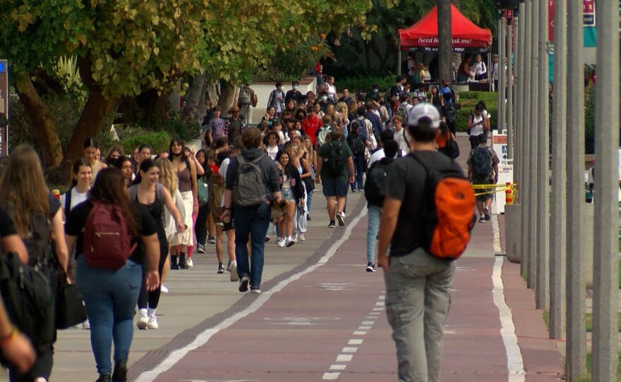 San Diego State students walking to class on the first day of fall semester, Aug. 22, 2022.