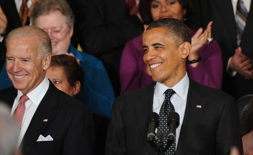 President Obama and Vice President Biden as they were welcomed at the White House this afternoon.