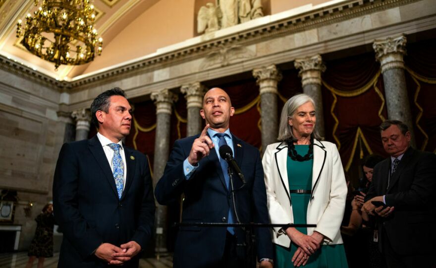 House Democratic Caucus Chair Pete Aguilar of California, House Minority Leader Hakeem Jeffries of New York and House Minority Whip Katherine Clark of Massachusetts speak during a news conference at the U.S. Capitol on Wednesday.