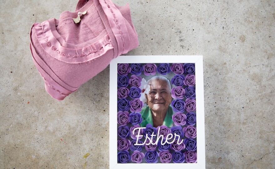 A photo of Esther Hernandez and her blouse are shown on June 23, 2020. Hernandez died at Windsor Gardens Convalescent Center, a National City nursing home, after testing positive for COVID-19.