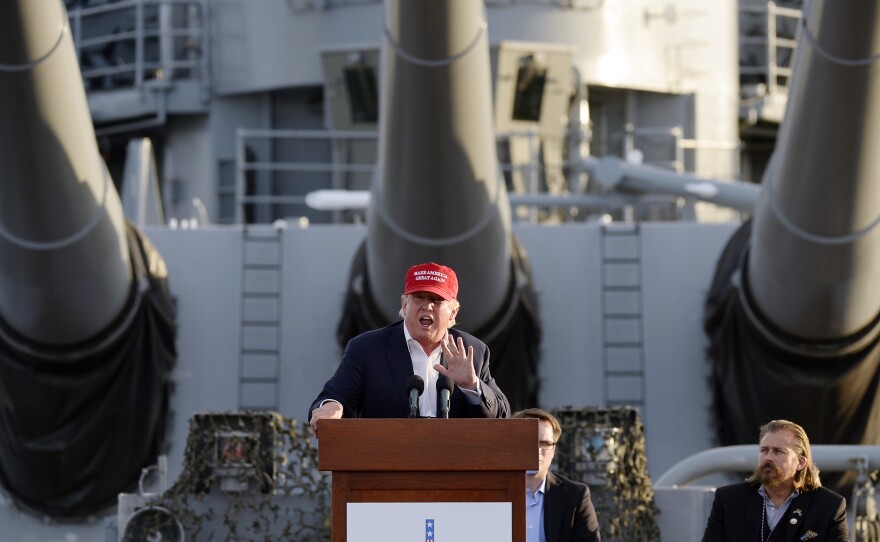 Republican presidential candidate Donald Trump speaks during a campaign event Tuesday aboard the USS Iowa battleship in Los Angeles.