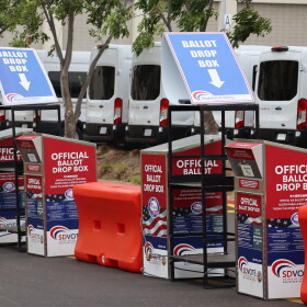 Ballot drop boxes outside the San Diego County Registrar of Voters, photographed on Tuesday, Oct. 14, 2025.
