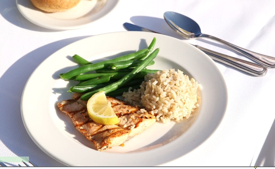 Grilled salmon with brown rice and fresh green beans is one of dozens of entrees served anytime at Palomar Medical Center in Escondido, January 2015.