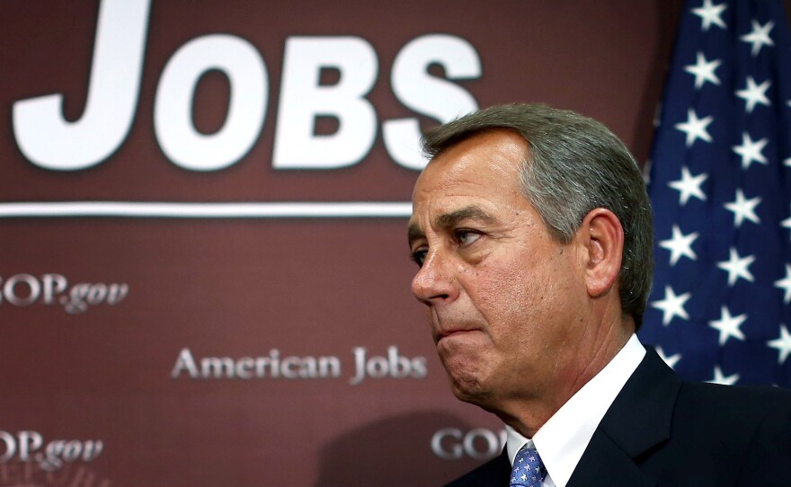 House Speaker John Boehner appears at a news conference after a House Republican conference meeting Wednesday on Capitol Hill.