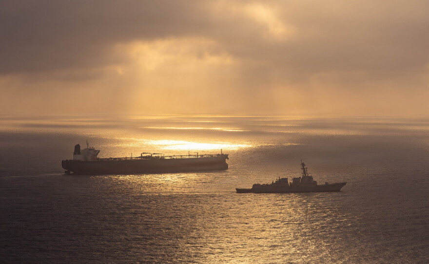 A U.S. Navy ship, the USS Rafael Peralta, takes part in a maritime blockade against an Iranian-flagged ship attempting to sail toward an Iranian port on April 24. The photo was provided by U.S. Central Command.