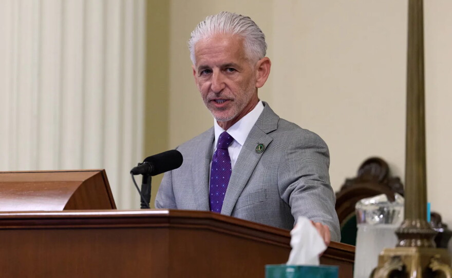 Assemblymember Josh Lowenthal introduced legislation banning addictive social media feeds for kids. Lowenthal at the dais during an Assembly floor session at the state Capitol in Sacramento on Aug. 21, 2025.