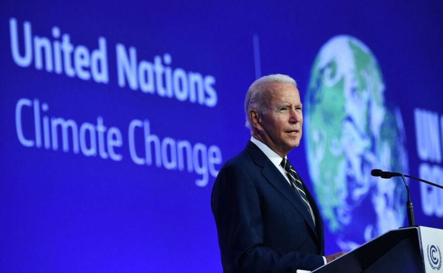 President Biden delivers a speech during the COP26 United Nations Climate Change Conference in Glasgow, Scotland, on Monday.