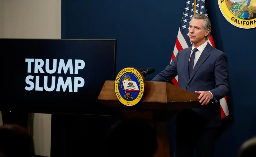 Gov. Gavin Newsom addresses the media during a press conference unveiling his revised 2025-26 budget proposal at the Capitol Annex Swing Space in Sacramento on May 14, 2025.