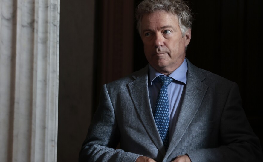 Sen. Rand Paul (R-KY) departs from the Senate Republicans' daily luncheon at the U.S. Capitol Building on May 05, 2022 in Washington, DC. Paul had sought to establish oversight of how Ukraine aid funds are spent.