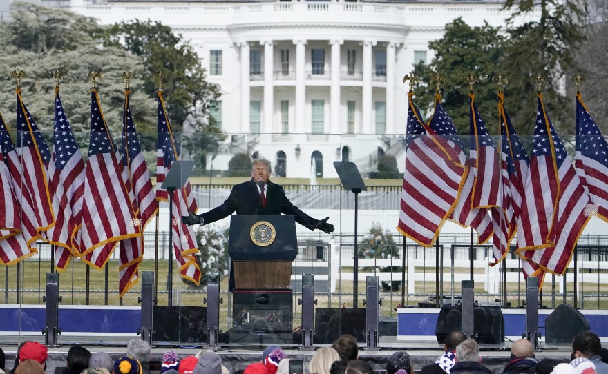 The White House in the background, President Donald Trump speaks at a rally in Washington, Jan. 6, 2021. The House committee investigating the attack on the U.S. Capitol is probing the funding for the rally and other events that preceded the deadly attack on Capitol Hill.