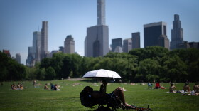 A person uses an umbrella to shield themselves from the sun in Central Park during a heat advisory on May 19 in New York City.