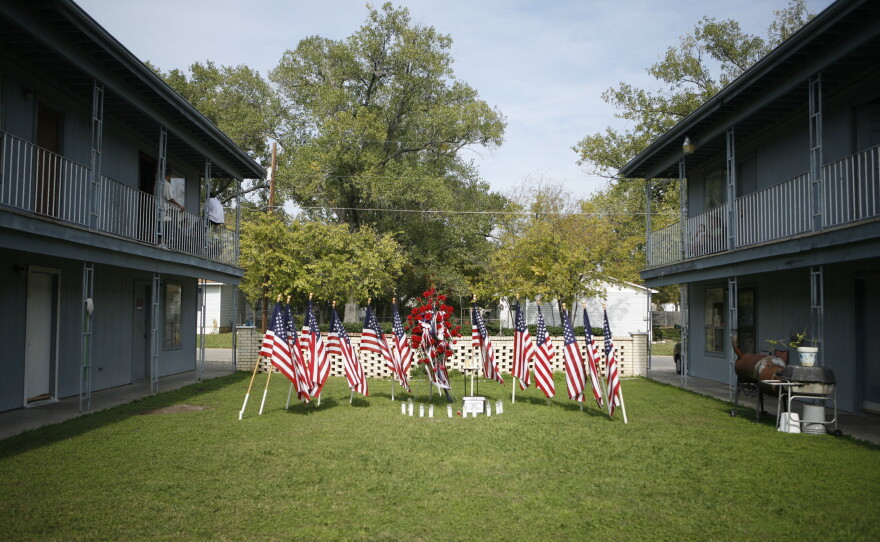 A memorial to the victims of the Fort Hood shooting, pictured in November 2009, outside the apartment complex where Hasan lived.