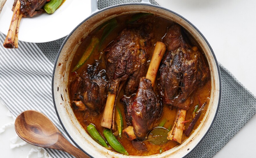 Pictured: Braised lamb shanks with okra. Martha Stewart puts her spin on the stews of the Arabian Gulf.