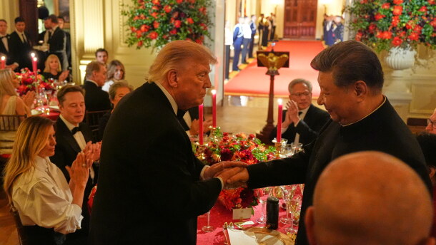 President Donald Trump shakes hands with China's President Xi Jinping in the East Room of the White House during a State Dinner, Thursday, Sept. 24, 2026, in Washington.
