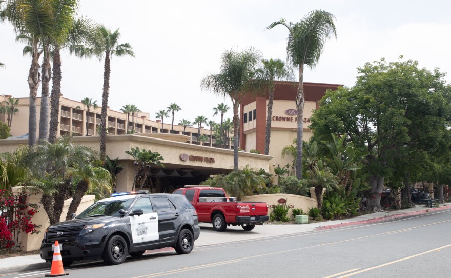 The Crowne Plaza hotel in Mission Valley, which the county is using as an isolation center for people with COVID-19 symptoms who have no other place to go, is shown on May 1, 2020.