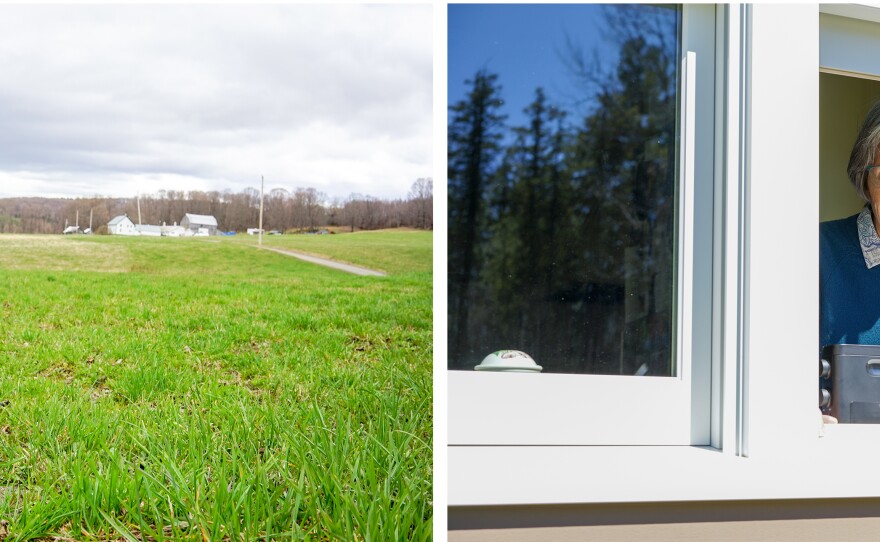 Left: A homemade sign of encouragement dots the landscape near Kiss the Cow Farm in Barnard. Right: Sophia Stone pictured at her home in Barnard.