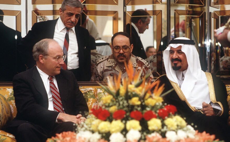 Dick Cheney meets with Prince Sultan, Minister of Defence and Aviation in Saudi Arabia, Dec. 1, 1990.