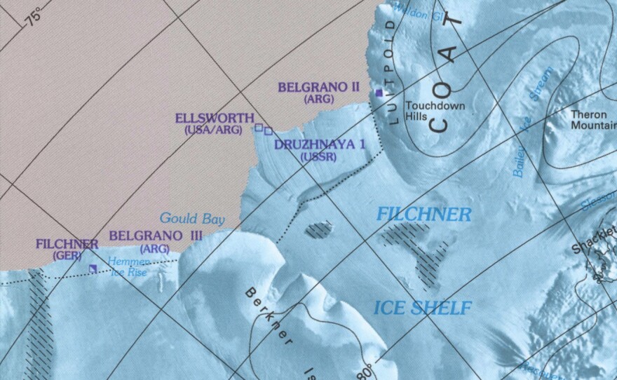 A map shows the locations of research stations in Antarctica, focusing on the coast of the Weddell Sea.