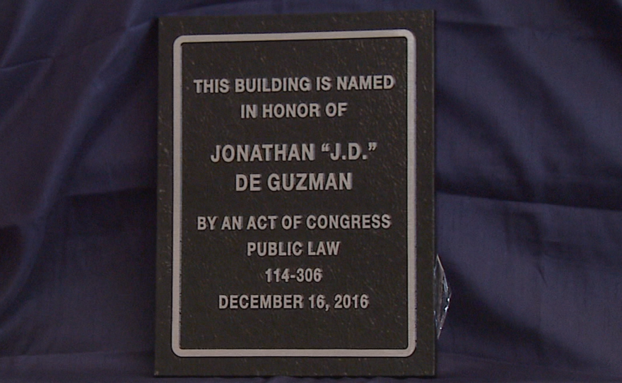 Jonathan "J.D." De Guzman's dedication plaque that will be displayed on the Chula Vista Post Office. March 6, 2017. 