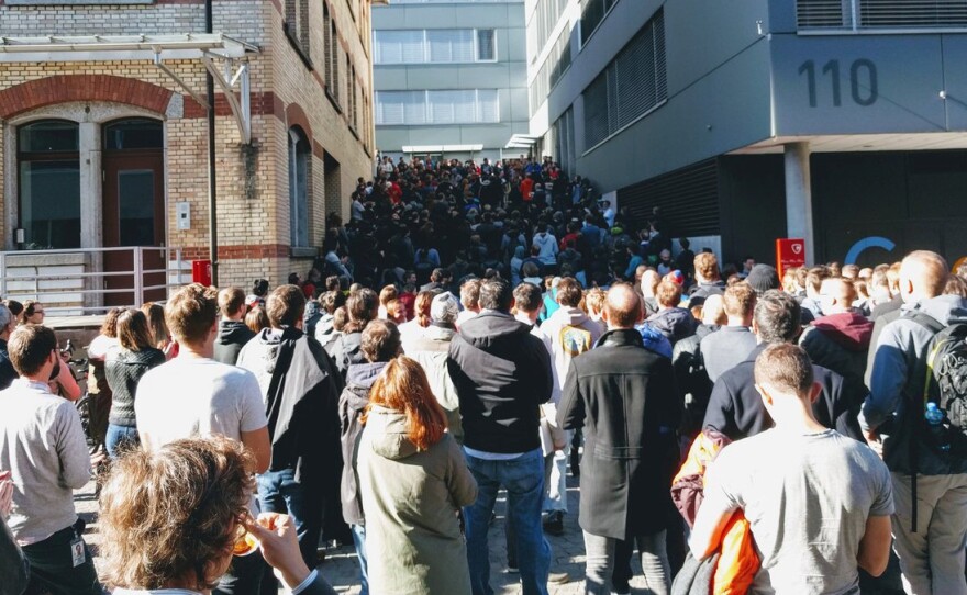 People participate in a walkout at the Google office in Zurich on Thursday.
