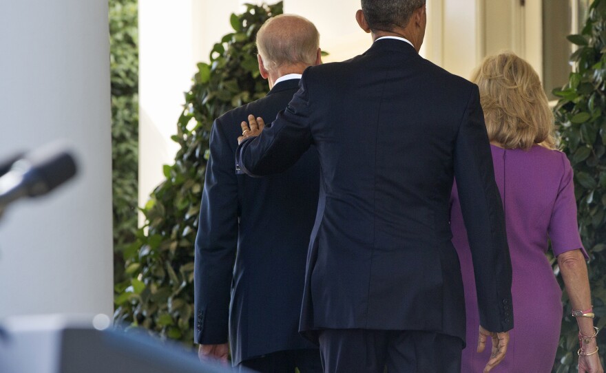 President Obama, Vice President Joe Biden and Biden's wife, Jill, leave the Rose Garden of the White House, where Biden announced he would not run for president.