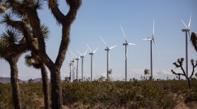 Wind turbines lined up off Highway 58 in the Tehachapi Pass Wind Farm near Mojave on May 10, 2023.