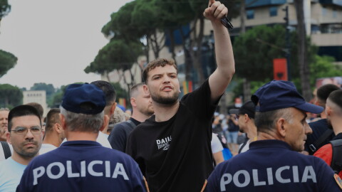Police officers block a street during a demonstration in Tirana, Albania, Wednesday, June 3, 2026, opposing a luxury coastal development project linked to Jared Kushner and Ivanka Trump over concerns about environmental impacts and transparency.