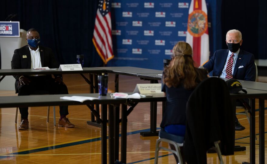 Democratic presidential nominee Joe Biden speaks in Tampa, Fla., on Tuesday during a roundtable discussion with veterans and military families.