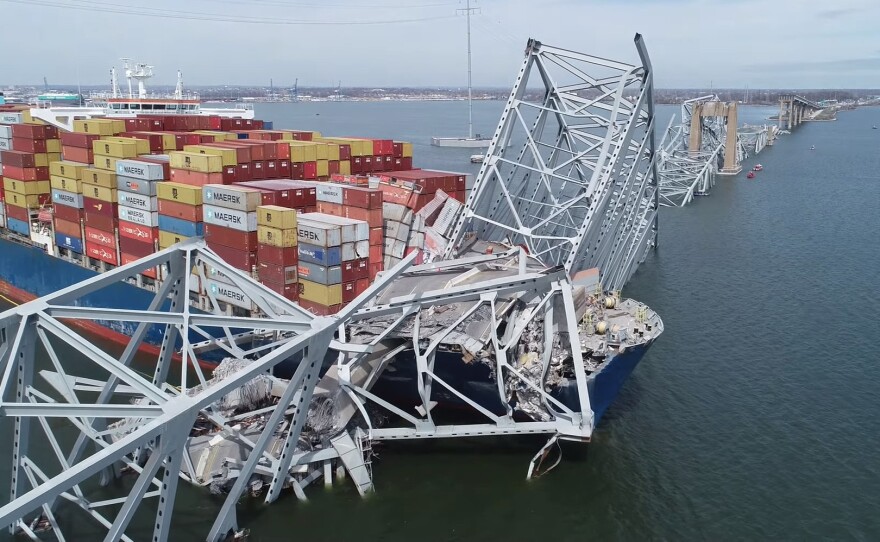 NTSB drone image of Francis Scott Key Bridge and Cargo Ship Dali