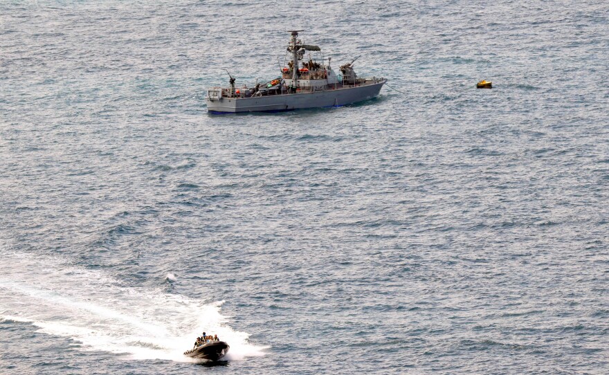 An Israeli navy vessel off the coast of Rosh Hanikra on July 3. The Israeli army said on July 2 that it had intercepted three drones launched by Hezbollah that were headed toward an offshore gas field in the Mediterranean. Lebanon's Iran-backed Hezbollah movement in a statement confirmed it had launched drones towards the offshore area.