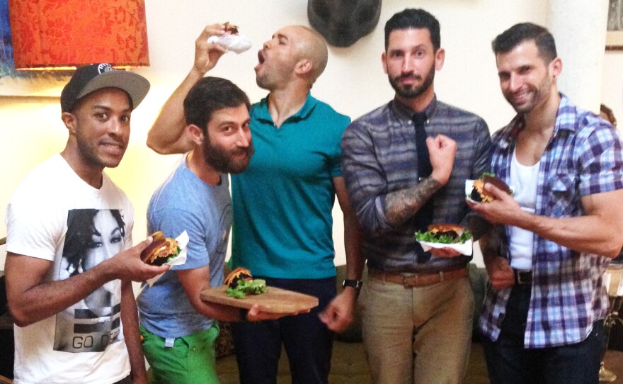 (from left) Mixed martial arts fighter Cornell Ward, chef Daniel Strong, triathlete Dominic Thompson, lifestyle blogger Joshua Katcher and competitive bodybuilder Giacomo Marchese at a vegan barbecue in Brooklyn, N.Y.