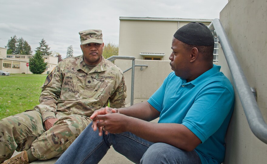 Khallid Shabazz counseling Muslim soldier at Joint Base Lewis-McChord, Washington