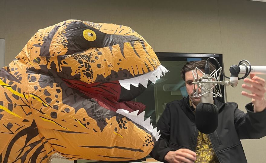 KPBS Cinema Junkie Beth Accomando engaging in some tactical frivolity at the KPBS studios. Nov. 19, 2025