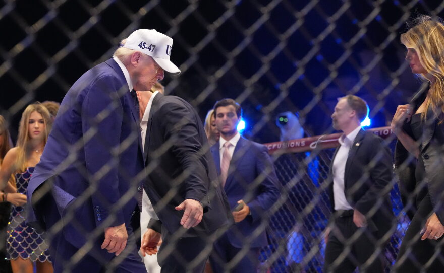 President Donald Trump and first lady Melania Trump stand in the ring at UFC Freedom 250 on the South Lawn of the White House, Monday, June 15, 2026, in Washington.