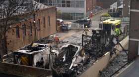 View at burnt Ambulances in a car park at Golders Green in London, Monday, March 23, 2026 after an apparent arson attack on four vehicles belonging to a Jewish ambulance service, Hatzola Northwest, in London.