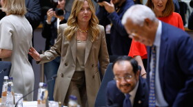 Italy's Prime Minister Giorgia Meloni arrives to a round table meeting at the EU summit in Brussels, Thursday, June 18, 2026.
