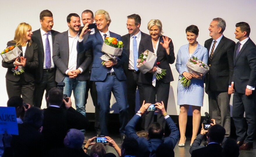 European political party leaders greet supporters at a conference of European right-wing parties on January 21 in Koblenz, Germany.