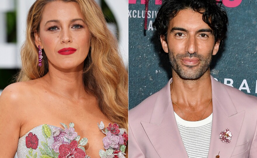 This combination of images shows Blake Lively at the London screening of the film "It 'Ends With Us" on Aug. 8, 2024, left, and Justin Baldoni at the world premiere of the film in New York on Aug. 6, 2024. (AP Photo)