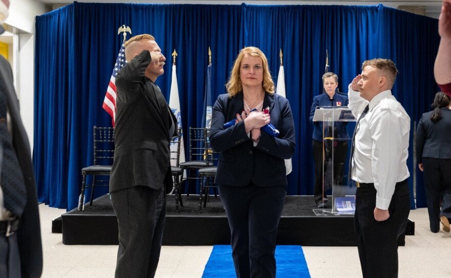 Col. Bree Fram of the U.S. Air Force participates in a retirement ceremony for transgender service members in Washington, D.C.