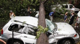 A car is crushed by a fallen tree in Brooklyn's Park Slope neighborhood on Thursday after a storm swept through New York City.