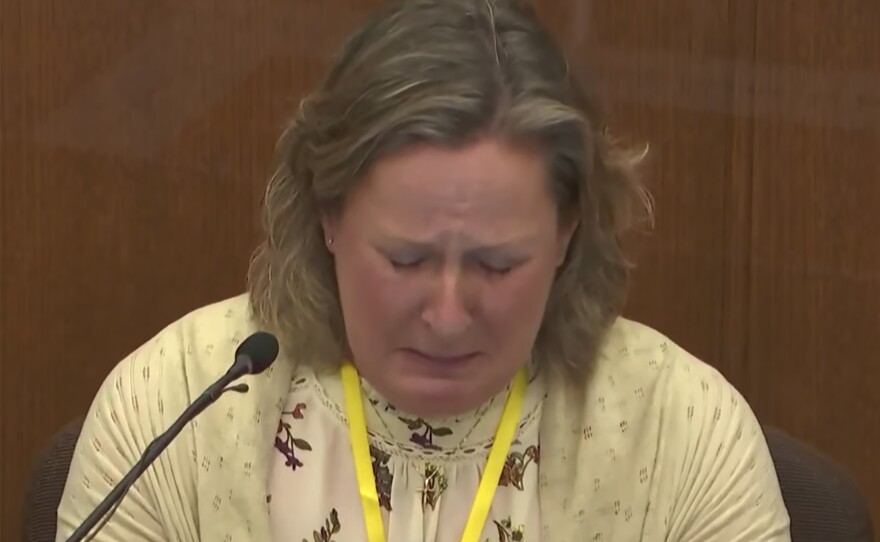 Former Brooklyn Center Police Officer Kim Potter testifies in court on Friday in Minneapolis. Potter is charged with first and second-degree manslaughter in the April 11 shooting death of Daunte Wright.