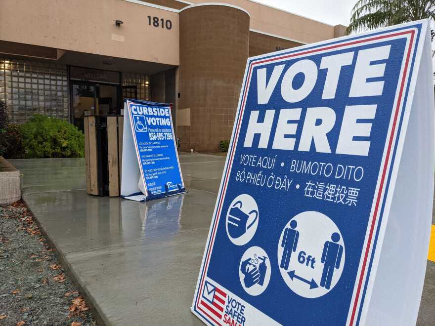 A "Vote Here" sign outside a voting center at Camacho Recreation Center in National City on Nov. 8, 2022.