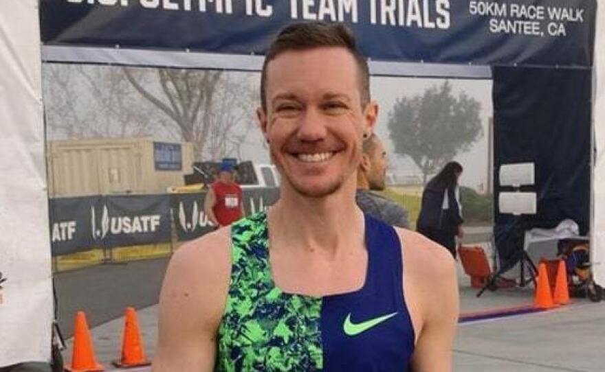 Chris Mosier at the men's 50 km race walk in Santee, Calif., on Jan. 25, 2020, where he made history as the first transgender man to compete in the U.S. men's Olympic trials.