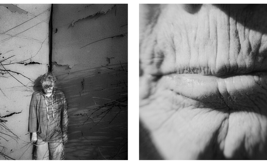 <strong>Left:</strong> <em>Refuge</em>, 2022. A portrait of Marcia as we installed the asphalt walls in the Refuge. <strong>Right:</strong> <em>Independence, Marcia's Mouth</em>, 2021.