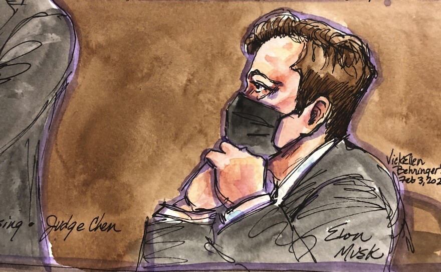 Elon Musk, depicted in this courtroom sketch, sat stoically in court, while he was both vilified as a rich narcissist whose reckless behavior risks "anarchy" and hailed as a visionary looking out for the "little guy" in closing the trial's arguments.