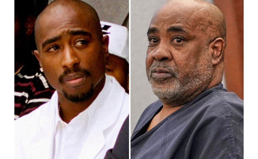 Rapper Tupac Shakur attends a voter registration event in South Central Los Angeles on Aug. 15, 1996, left, and Duane "Keffe D" Davis appears in District Court for his involvement in the 1996 killing of Shakur in Las Vegas on Feb. 18, 2025.