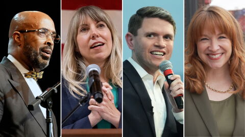 Some Democratic candidates have made faith central to their congressional campaigns, including (from left) Frederick Haynes, Sarah Trone Garriott, James Talarico and Lindsay James.